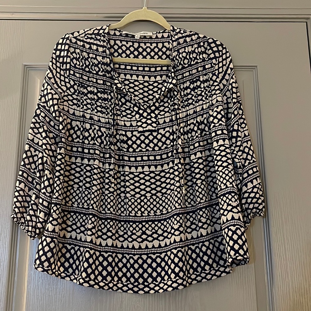 Navy & White Quarter Length Sleeve Blouse